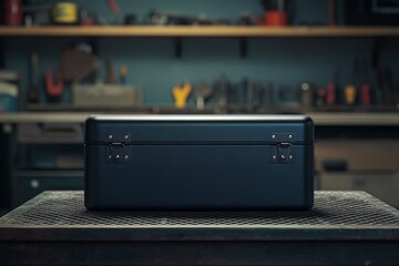 Dark gray metal toolbox positioned on a workbench in a workshop.