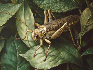 A cricket feeding on a leaf in the wild, its legs gripping the surface tightly, with fine details of its exoskeleton visible, surrounded by fresh green plants.