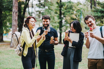 A group of students and a professor take a relaxing break, enjoying ice cream cones together in a park after class. The scene captures a moment of joy and relaxation.