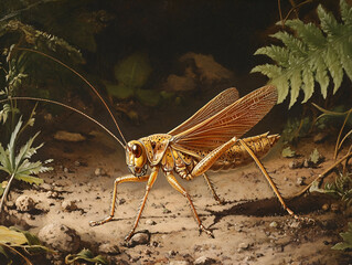 A cricket hopping across a patch of earth, captured in mid-flight, its wings slightly open, set against a natural background of brown dirt and green plants.