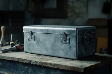 Vintage gray metal toolbox resting on a rustic workshop table.