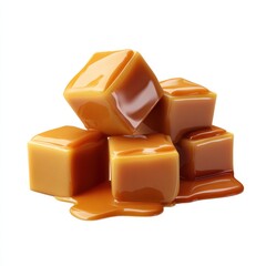 Pile of caramel candies cubes on white background