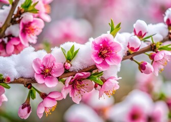 Peach Blossom Snow Spring Photography: Candid Images of Delicate Pink Blossoms Under Winter's Last Breath