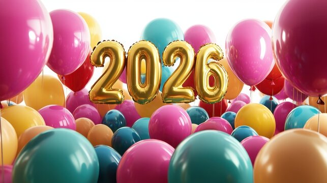 Colorful latex balloons bunched up below large floating gold  foil numerals