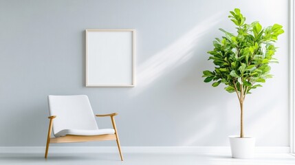 Modern minimalist living room with a blank frame and plant
