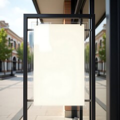 Clear Acrylic Sign With A White Insert Is Suspended Outside A Shopfront On A Sunny Sidewalk, retail communication