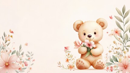 Obraz premium Cute illustrated bear in soft watercolor style, holding a flower with a gentle smile