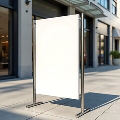 Clear Acrylic Sign With A White Insert Is Suspended Outside A Shopfront On A Sunny Sidewalk, retail communication