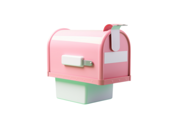 A pastel pink mailbox with white accents sitting on a white block object transparent background png