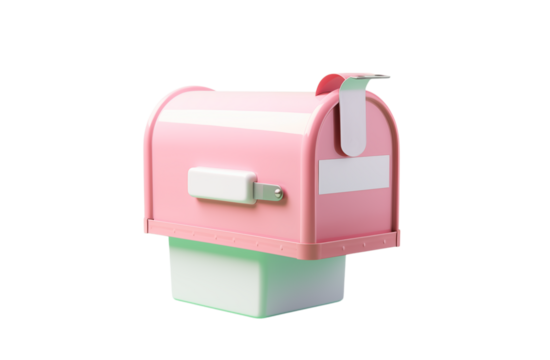 A pastel pink mailbox with white accents sitting on a white block object transparent background png - Powered by Adobe