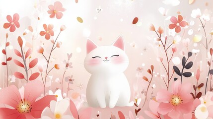 Delicate floral background with a white cat sitting calmly in the center, artistic and warm