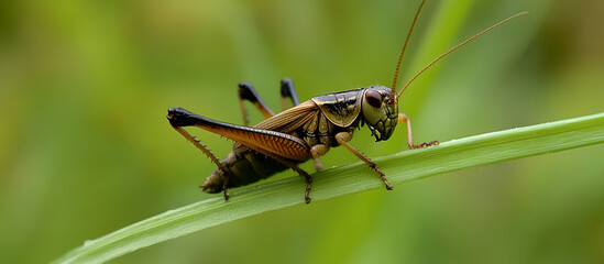 Fototapeta premium A cricket perched on the edge of a blade of grass, captured in fine detail as it looks around, with the lush green field blurred softly in the background.