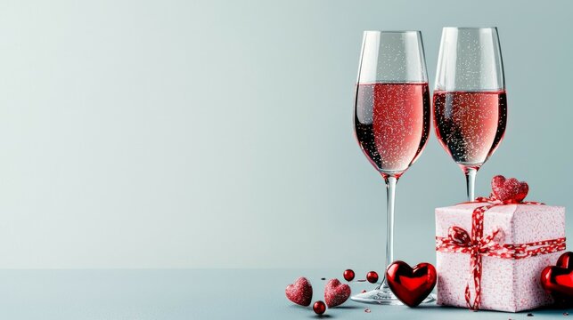 Elegant still-life of two tall sparkling champagne flutes filled with pink-red bubbly liquid, wrapped gift box with red and white ribbon, heart-shaped decorations and soft blue-gray