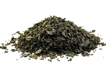 heap of dry green tea leaves isolated png transparent cutout