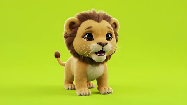 Cute Cartoon Lion Cub Standing Against Green Screen Backdrop Animation