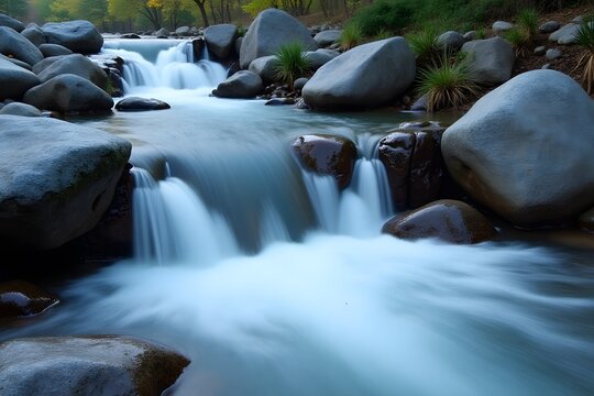 Small, rapid waterfall among smooth blue stones in a mountain stream.
