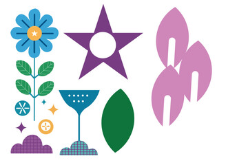 Colorful Geometric Shapes and Flowers in Flat Modern Design