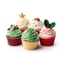 Festive cupcakes with toppings on white background