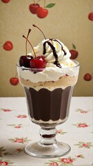 Decadent Chocolate Parfait: A Luscious Dessert with Creamy Layers, Dark Chocolate, and Fresh Cherries on a Floral Tablecloth.