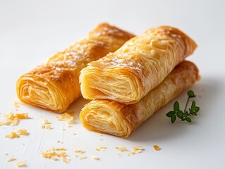 Delightful croissant-inspired phyllo pastry rolls arranged elegantly on a clean white backdrop for an appetizing display