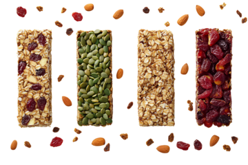 Colorful granola bars with nuts, dried fruits, and seeds, isolated on a transparent background.Colorful granola bars with nuts, dried fruits, and seeds, isolated on a transparent background