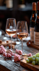 wine glasses, wine bottles and cheese arrangement