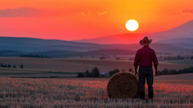 Hardworking farmer stacking hay bales at sunset