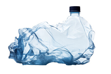 Fototapeta premium A crushed blue plastic bottle with a black cap on a shot transparent background png