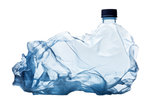 A crushed blue plastic bottle with a black cap on a  shot transparent background png