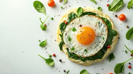 Fresh Egg on Spinach Bed with Cherry Tomatoes and Spices on Light Background for Healthy Meal Inspiration