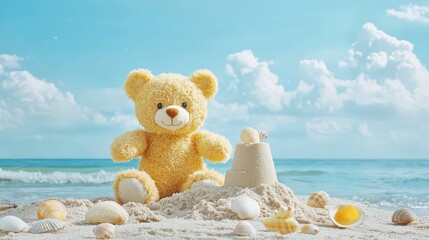 Geometric teddy bear making a sandcastle near the shoreline, with seashells scattered around