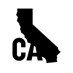 Simple black silhouette of the California state outline with the word "CALIFORNIA" below. A clean, bold graphic design featuring a solid black silhouette of the California state shape with the word "C