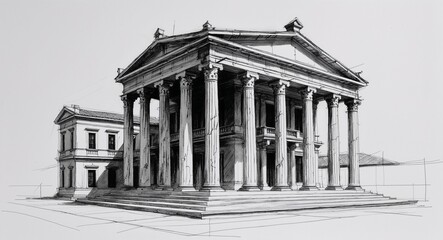 Roman inspired marble column mansion building design in sketch hand drawing black and white on plain white background