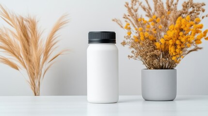 Blank bottle on a white surface with dried flowers