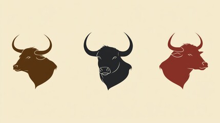 Three bull head silhouettes, design elements, beige background, logo use