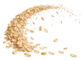 Instant oat flakes cutout isolated on transparent background with flying oat grains in motion swirl