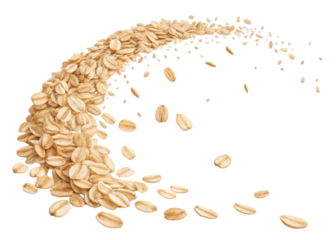 Instant oat flakes cutout isolated on transparent background with flying oat grains in motion swirl