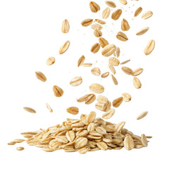 Instant oat flakes falling in cutout style isolated on transparency background showing healthy natural grain food for breakfast or cooking