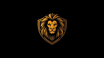 Golden lion head shield logo, dark background, mascot design, website icon
