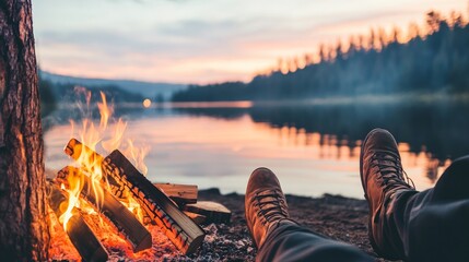 Campers enjoying a cozy campfire by the lakeside at sunset while unwinding from a day of exploration