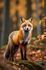 Fototapeta premium A majestic red fox standing alert in a natural forest clearing, full body view, soft natural light highlighting its fur, vivid autumn