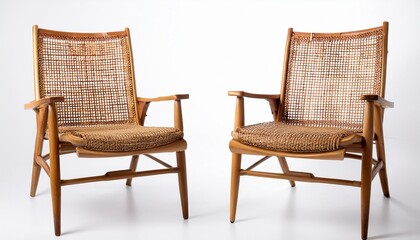 mid century wooden chair with woven cane backrest and seat isolated on white