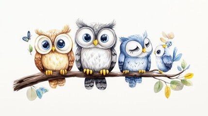 Fototapeta premium Hand-painted watercolor owls symbolizing family love and togetherness, perched with gentle smiles