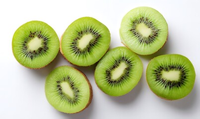 Fototapeta premium Kiwi slices on a white background, Generative AI