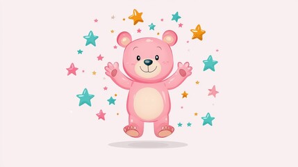 Happy pink bear in a flat vector style waving toward the viewer, surrounded by floating stars