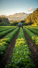 Tractor cultivating potato field at sunset, mountains in background