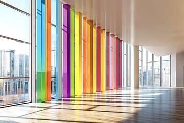 Sunlight streaming through large windows brightens a modern office interior, highlighting colorful columns and a sleek hardwood floor, creating an inviting and vibrant workspace