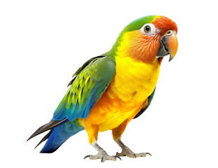 A colorful sun conure parrot standing against a stark  image transparent background png