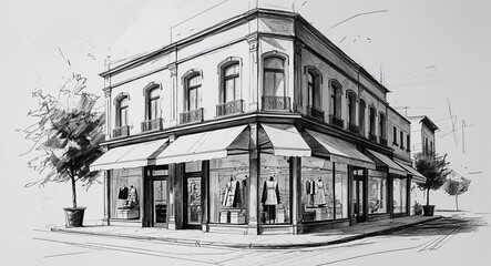 Fototapeta premium Stylish fashion boutique shop building design in sketch hand drawing black and white on plain white background