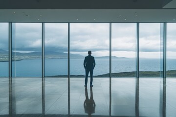 Fototapeta premium A businessman stands silhouetted against a panoramic ocean view from a modern building, contemplating the future.